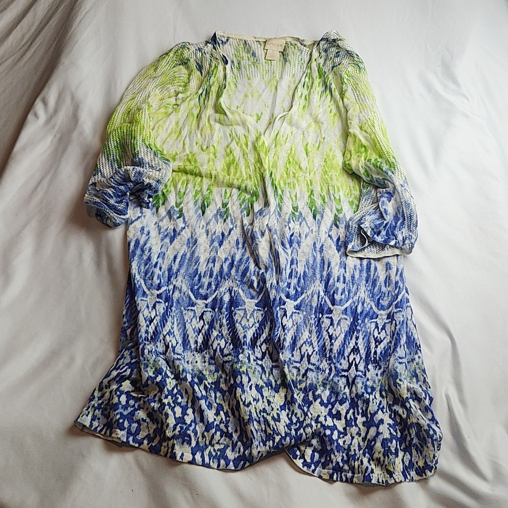 Chico's Ikat Print Tunic Top Blue Green Ombre Ramie Rayon Women's Size 3, Plus